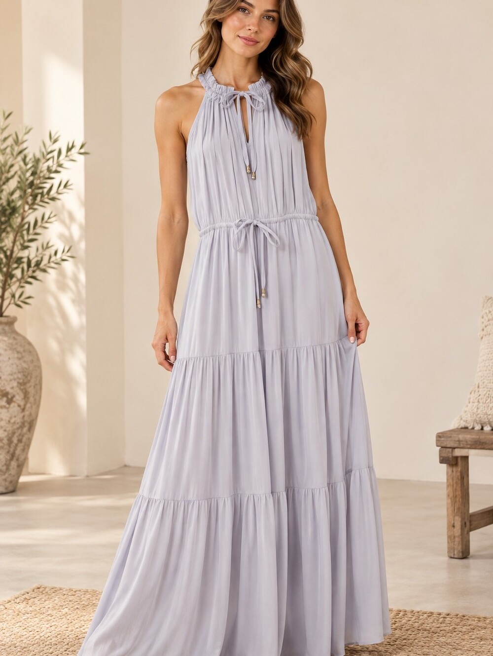 Alice & Trixie Light Gray Pleated Chemise with Ruched Straps and Front Bow